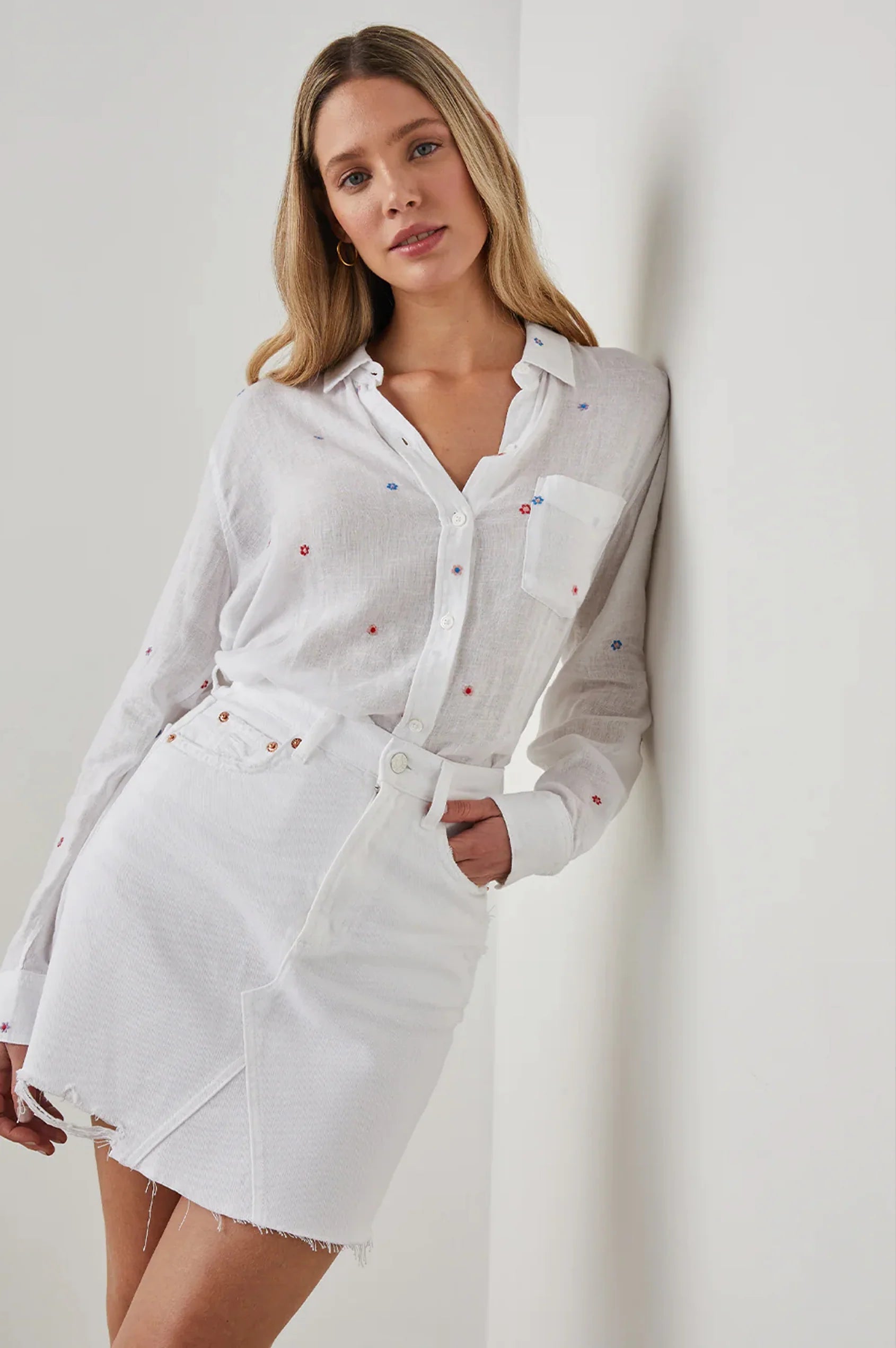 Charli Shirt Multi Daisy Embroidery  Eco-- Welt Pockets Slit Pockets Flap Pockets