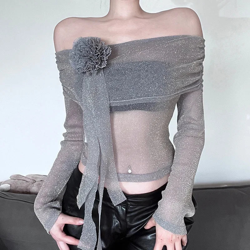 Flower Splice Mesh Shirts For Women Sexy See Through Slim Long Sleeve Crop Top Femme Club Party Fashion Shiny Shirt Lady-- Front Pockets Side Pockets Patch Pockets
