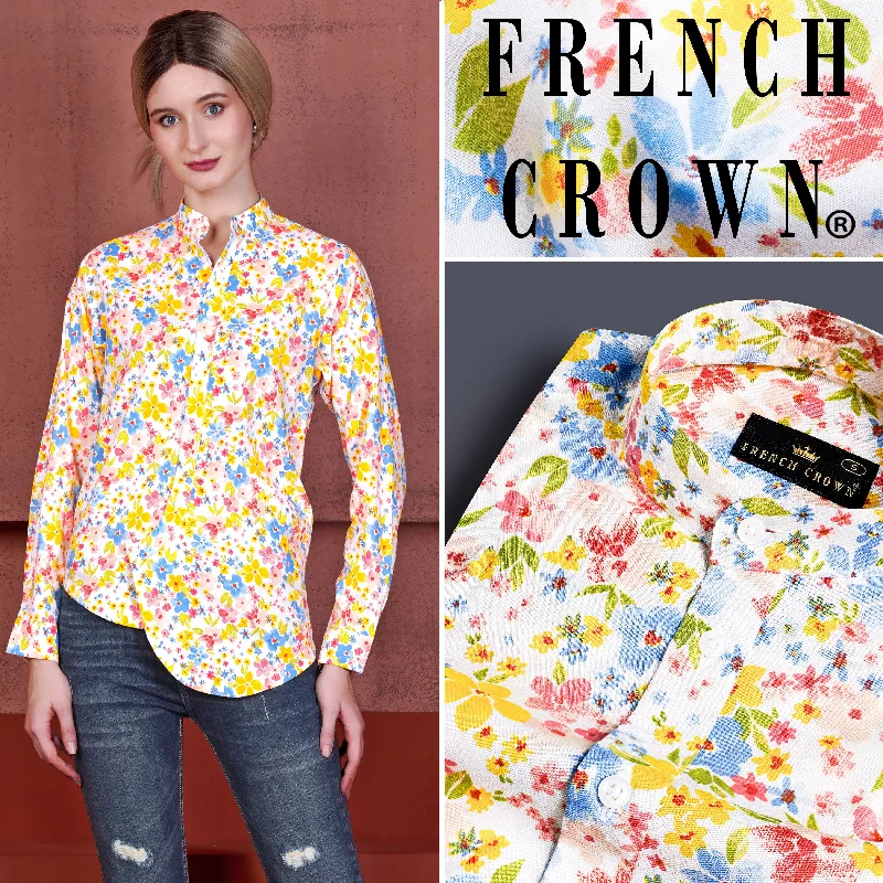 Desert Storm Cream and Golden Fizz Yellow Multicolour Ditsy Printed Premium Cotton Designer Shirt-- Oversized T-Shirt Spandex breathable