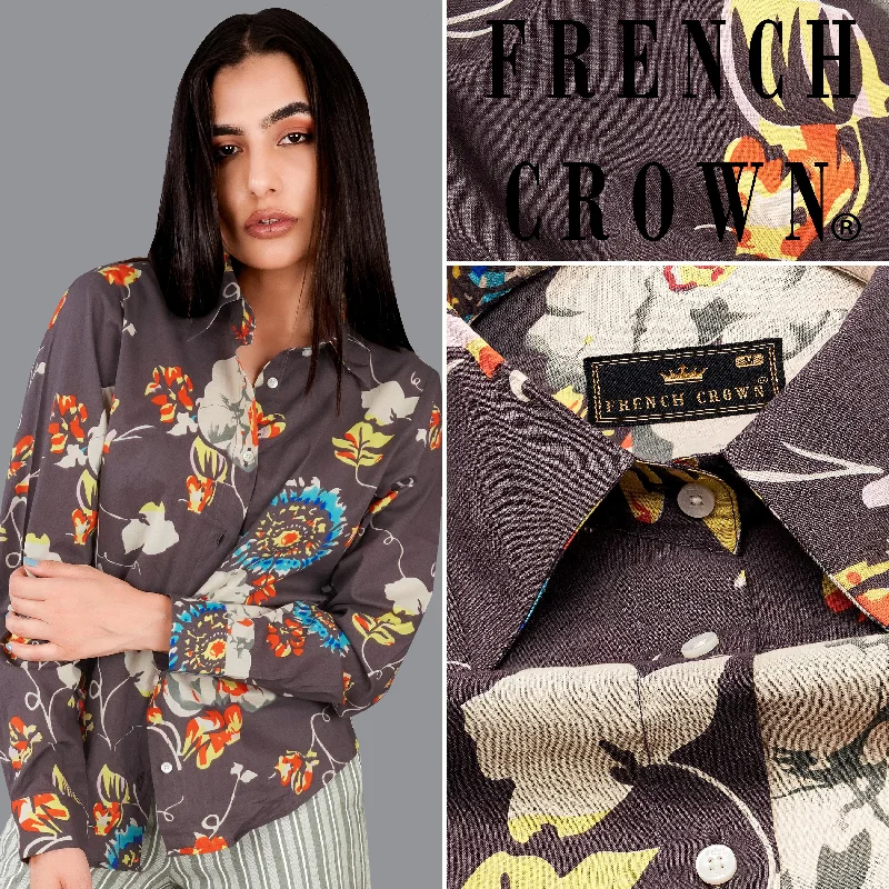 Fuscous Brown Floral Printed Premium Cotton Shirt-- Satin Blend Silk Blend Wool Blend Fuscous Brown Floral Printed Premium Cotton Shirt-- Satin Blend Silk Blend Wool Blend