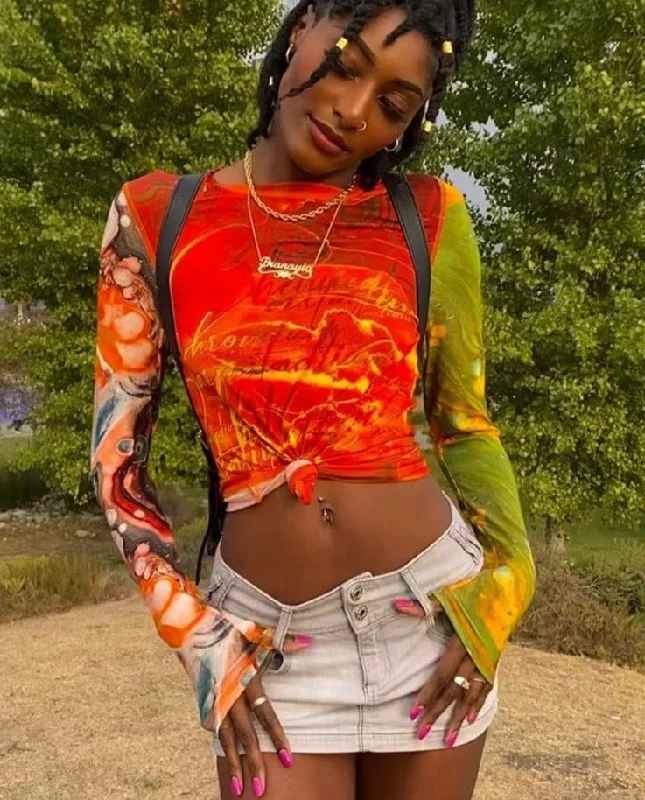 Y2K Fashion Sexy Slim-Fit T-Shirt Short Tie-Dye Print Street Style Top For Women Going Out Party Night Clubwear-- Fitted T-Shirt Seamless Stretchy