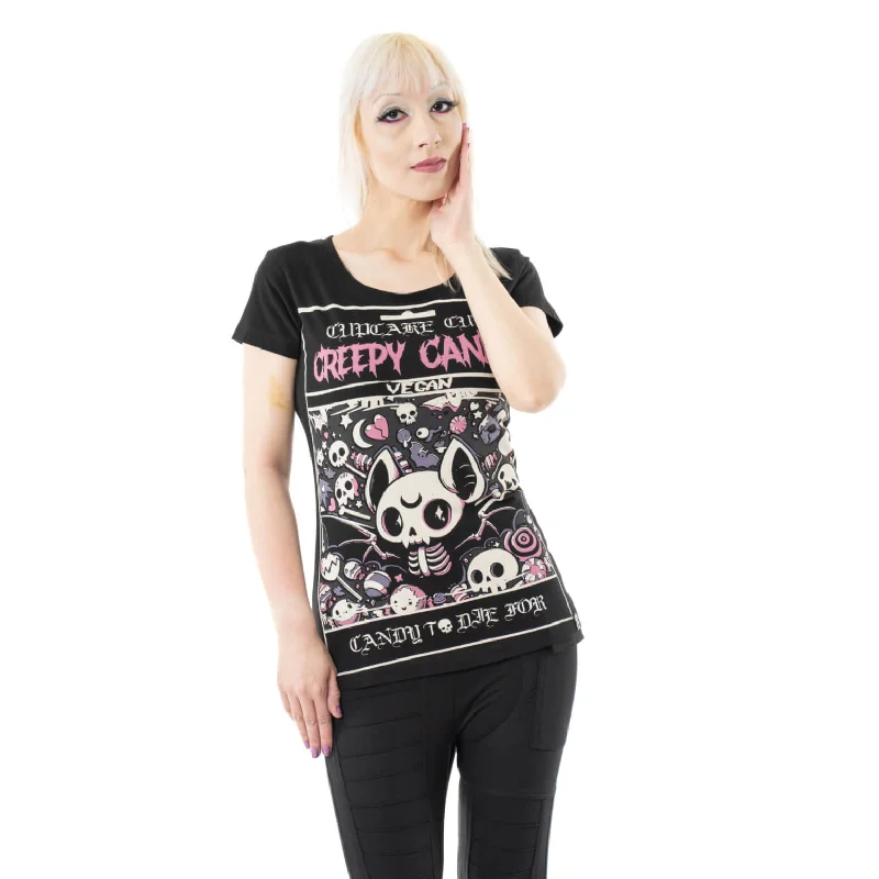 CREEPY CANDY T SHIRT - BLACK-- V-Neck T-Shirt Long Sleeve Cotton