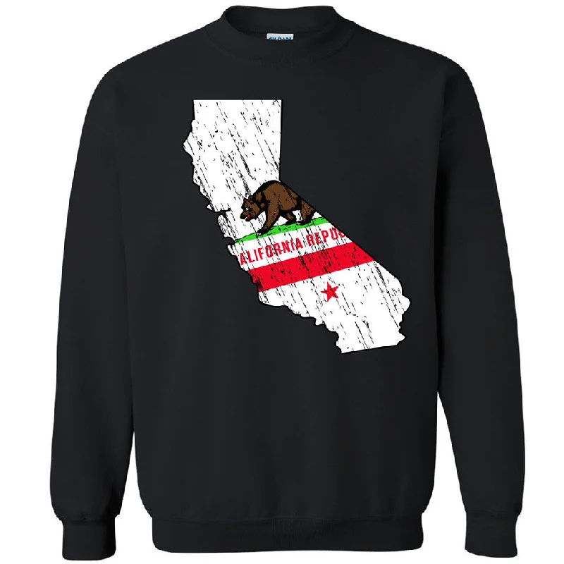 Zexpa Apparelâ„¢ Distressed California Map Bear Unisex Crewneck Golden State Cali Sweatshirt Hoodie with Exposed Zipper Edgy Industrial