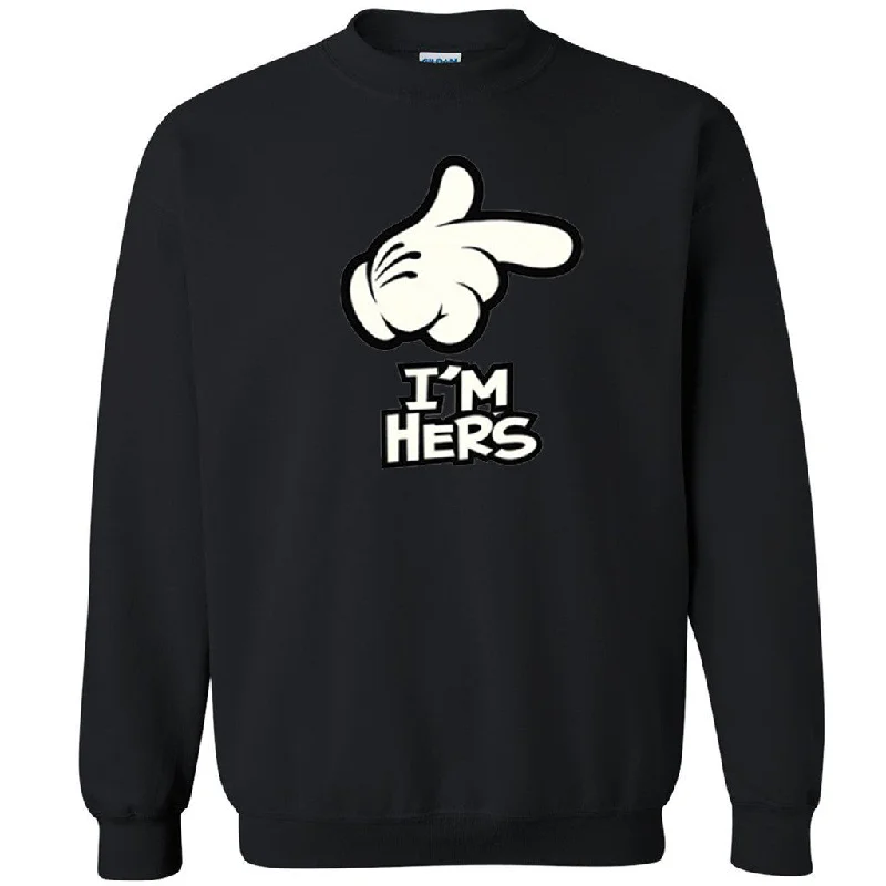 Zexpa Apparelâ„¢ I'm Hers Unisex Crewneck Cartoon Hand Couple Matching Valentines Sweatshirt Hoodie with Half-Zip Sporty Casual