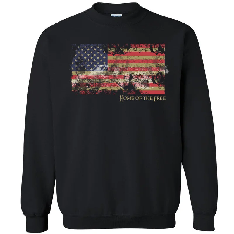 Zexpa Apparelâ„¢ Home Of Free Unisex Crewneck Old Distressed Flag 4th of July Sweatshirt Hoodie with Hem Elastic Stretchable Comfortable