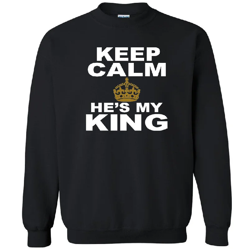 Zexpa Apparelâ„¢ Keep Calm He's My King Unisex Crewneck Couple Matching Gift Love Sweatshirt Hoodie with Rolled Sleeves Casual Relaxed