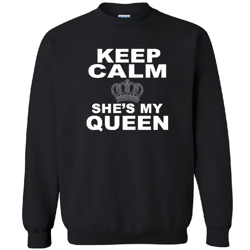 Zexpa Apparelâ„¢ Keep Calm She's My Queen Unisex Crewneck Couple Matching Gift Sweatshirt Hoodie with Puffed Sleeves Voluminous Trendy