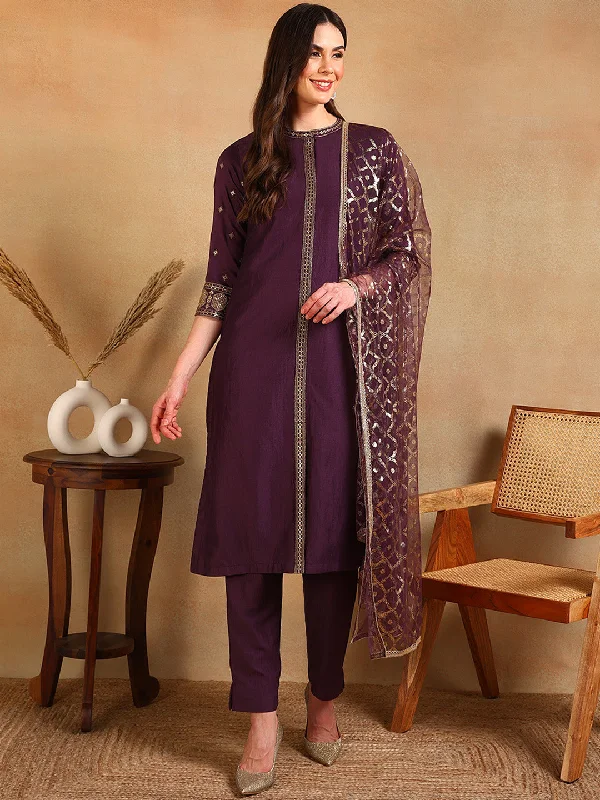 Women's Purple Silk Blend Embroidered Straight Kurta Pant Set With Dupatta - Ahika Elegant Dress Pants