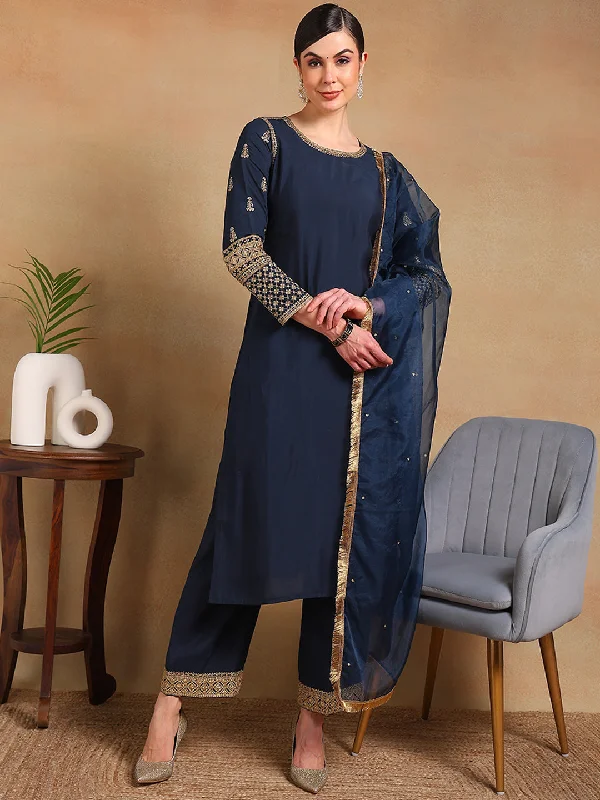Women's Teal Silk Blend Embroidered Straight Kurta Pant Set With Dupatta - Ahika Relaxed High-Waist Trousers