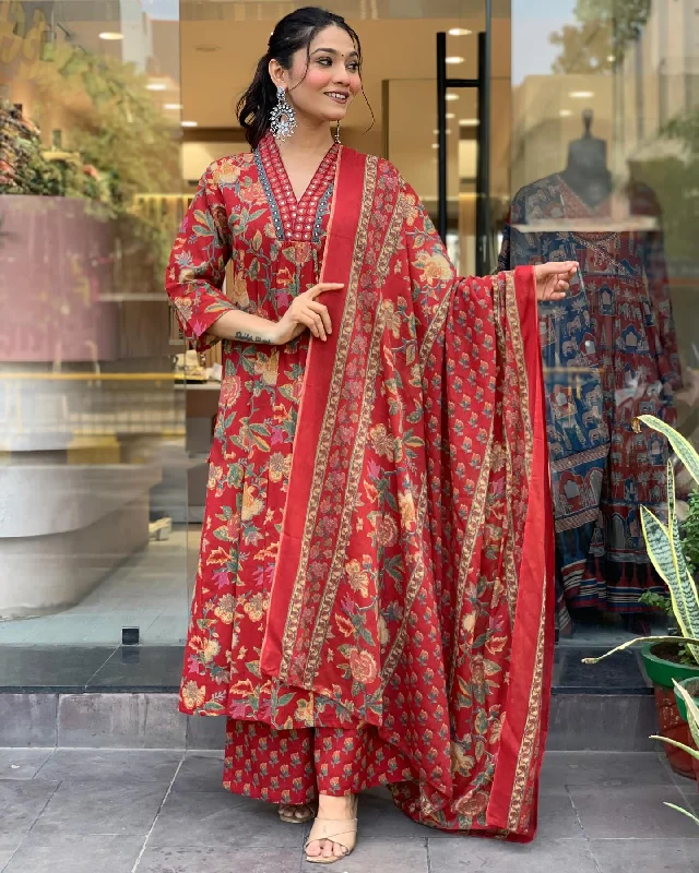 women's Viscose Red Anarkali Kurta And Pant Set With Dupatta - Alvami Casual Drawstring Pants