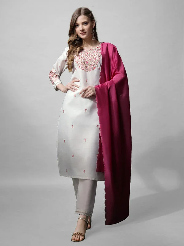 Women's White Embroidered Cotton Blend Kurta Pant Set With Dupatta - Malishka Export Comfortable Maternity Pants
