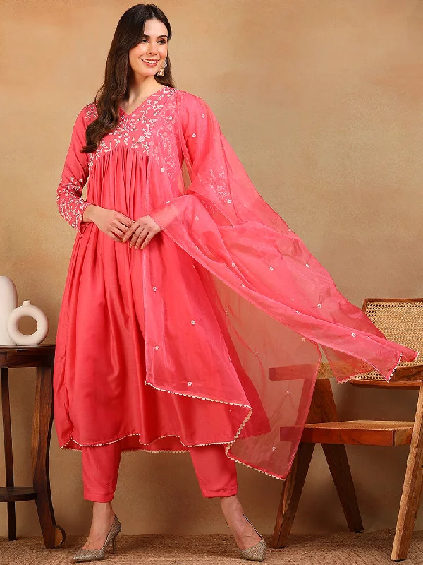 Women's Pink Silk Blend Embroidered A-Line Kurta Pant Set With Dupatta - Ahika Casual Skinny Fit Pants