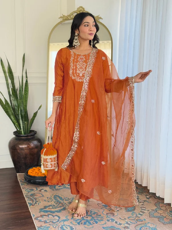 Women's Embroidered Vichitra Silk Fabric Straight Kurta, Pant And Dupatta Set - The52 Fashionable Button-Up Pants