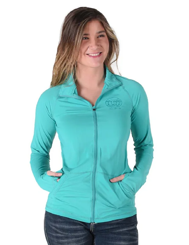 Cowgirl Tuff Womens Full Zip Cadet UPF Turquoise Nylon Softshell Jacket Welt Pockets Slit Pockets Flap Pockets