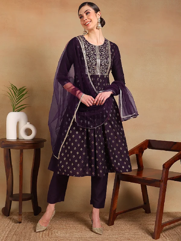 Women's Purple Silk Blend Woven Design A-Line Kurta Pant Set With Dupatta - Ahika Classic Straight Pants Women's Purple Silk Blend Woven Design A-Line Kurta Pant Set With Dupatta - Ahika Classic Straight Pants
