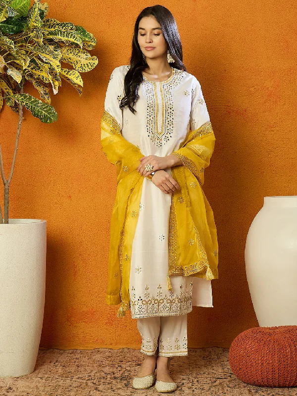 Women's White Silk Blend Embroidered Straight Kurta Pant Set With Dupatta - Ahika Cozy Lounge Pants