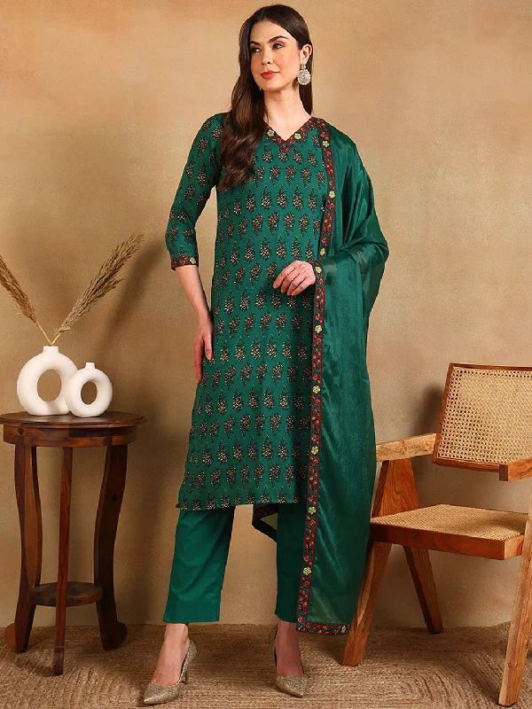 Women's Green Viscose Rayon Printed Straight Kurta Pant Set With Dupatta - Ahika Classic Stretch Pants
