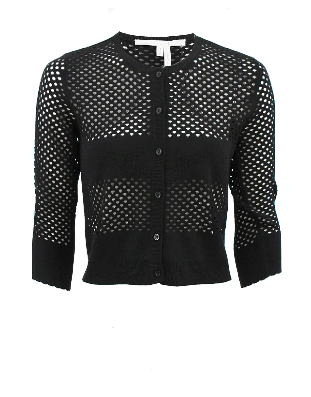 Black Half Sleeve Techno Net Knit Cardigan Zippered Front Buttoned Front Snap Front