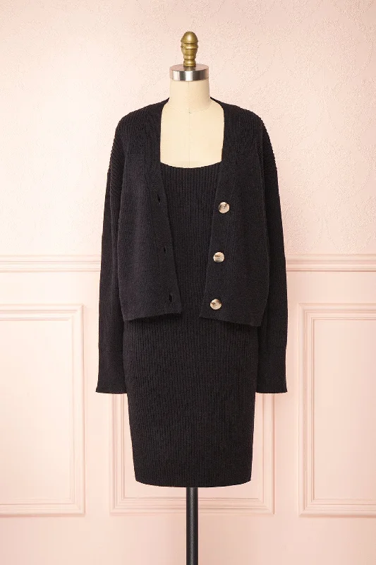 Set Cilia Black | Knitted Cardigan & Fitted Dress Nylon Fabric Polyester Fabric Spandex Fabric