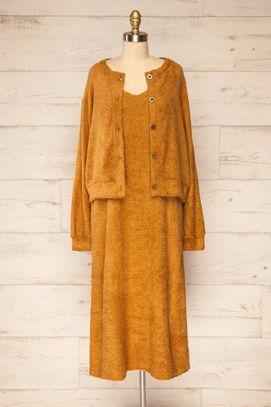 Set Diez Brown | Knitted Midi Dress & Cardigan Mesh Fabric Canvas Fabric Denim Fabric