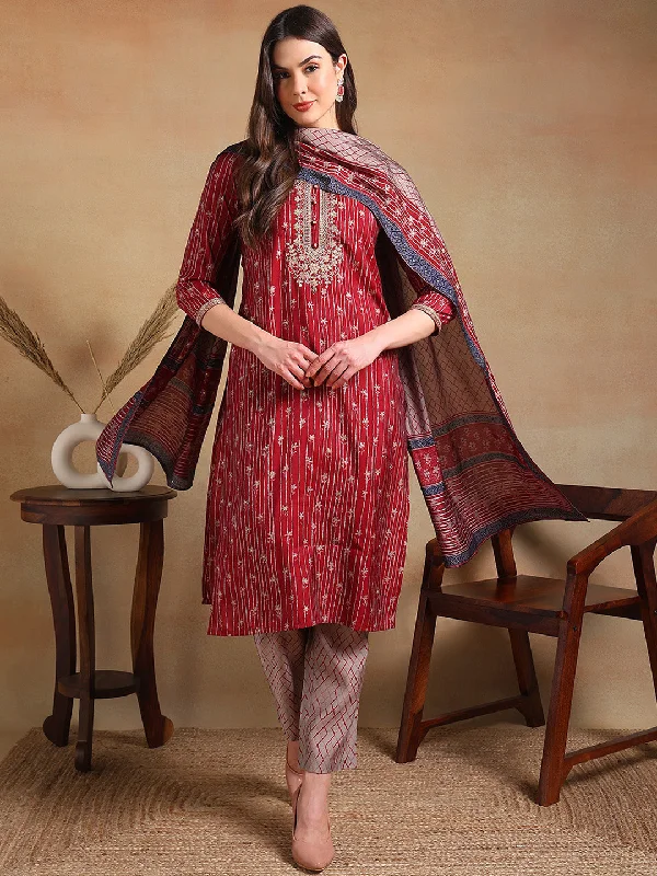 Women's Maroon Silk Blend Embroidered Straight Kurta Pant Set With Dupatta - Ahika Trendy Work Pants