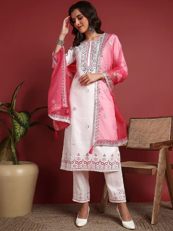 Women's White Silk Blend Embroidered Straight Kurta Pant Set With Dupatta - Ahika High-Waist Jogger Pants