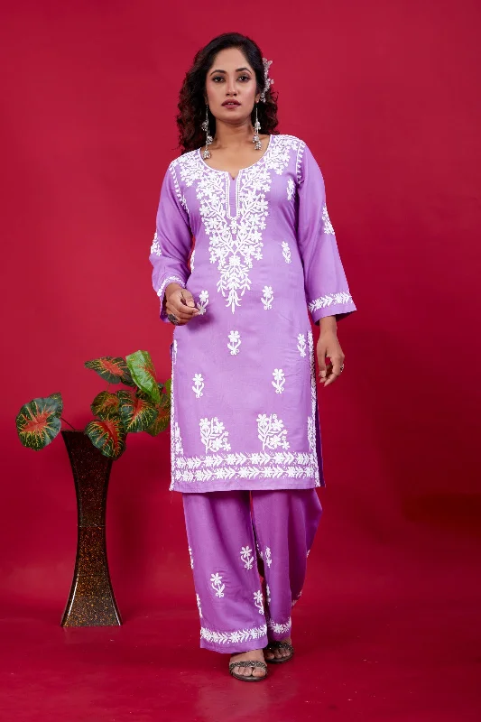 Women's Lavendar Rayon Lucknowi Embroidery Kurta With Pant - Dwija Fashion Casual Lounge Pants