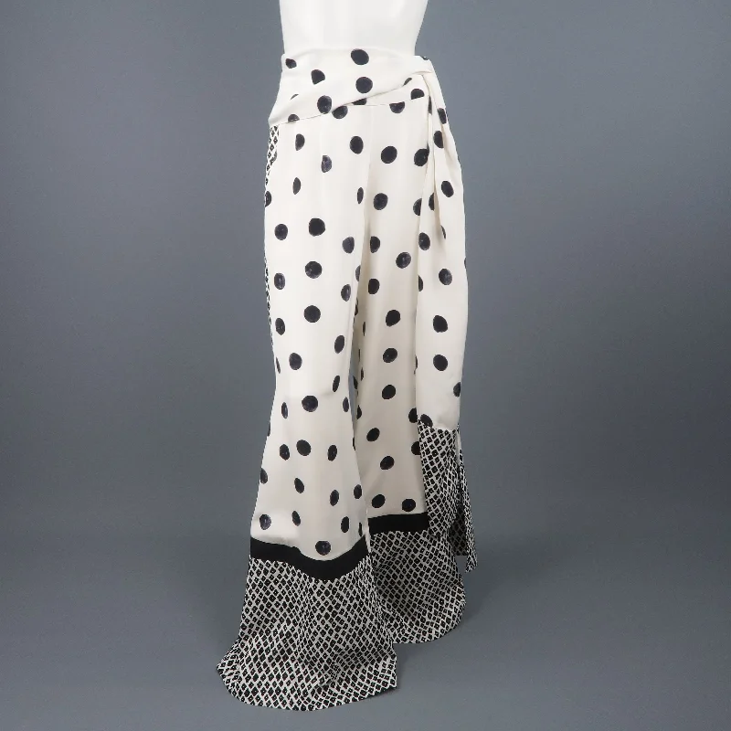 OSCAR DE LA RENTA Size 8 Cream & Black Mixed Print Silk Tie Wide Leg Dress Pants Trendy Printed Leggings