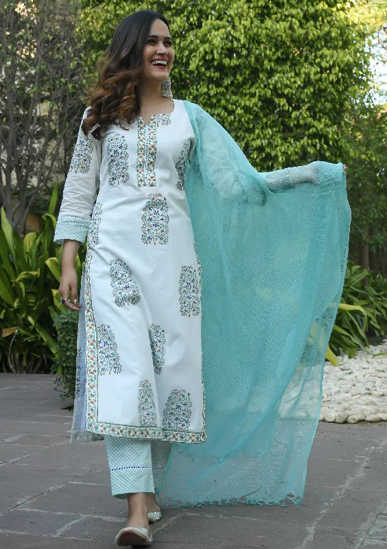 Women's Light Sky Printed Pure Cotton Kurta And Pant Set - Alvami Modern Stretch Trousers Women's Light Sky Printed Pure Cotton Kurta And Pant Set - Alvami Modern Stretch Trousers