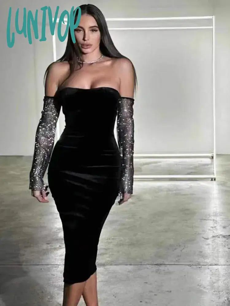 Lunivop Women Summer Sexy Off Shoulder Diamonds Sparkly Black Midi Bodycon Bandage Dress Elegant Evening Club Party Dress Tunics Running lightweight Lunivop Women Summer Sexy Off Shoulder Diamonds Sparkly Black Midi Bodycon Bandage Dress Elegant Evening Club Party Dress Tunics Running lightweight