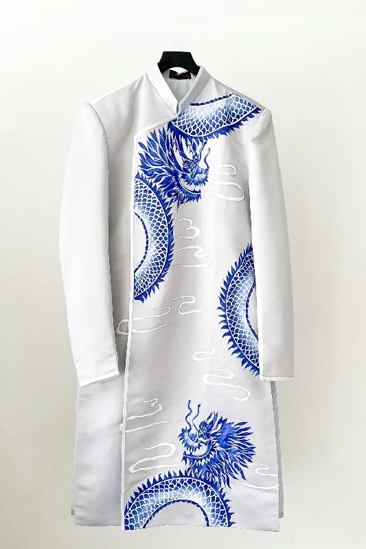 Gray and Blue Groom Ao Dai Jacket | Hand-Painted Dragon Vietnamese Ao Dai (#Khiem) Cotton Jacket Linen Jacket Terry Jacket