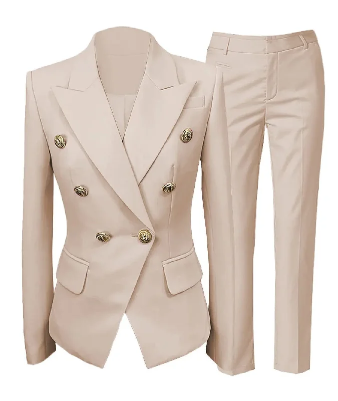 Fashion Double Buttons Flat 2 Pieces Women Suit （Blazer+Pants） Comfortable Wide-Leg Pants