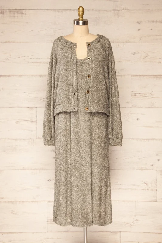Set Diez Grey | Knitted Dress & Cardigan Button Cardigan Zip Cardigan Pullover Cardigan