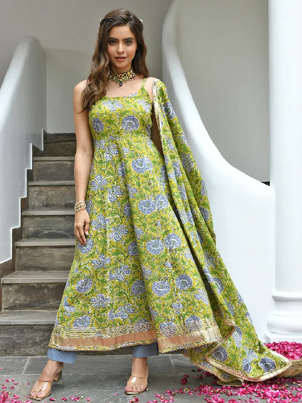Women's Mustard Cotton Printed Kurta With Pant And Dupatta - Janasya Comfy Zip-Up Pants