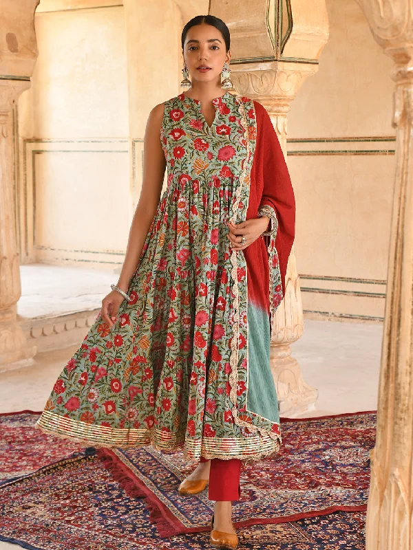 Women's Sea Green Cotton Floral Block Print Kurta With Pant And Dupatta - Janasya Cozy Knit Pants
