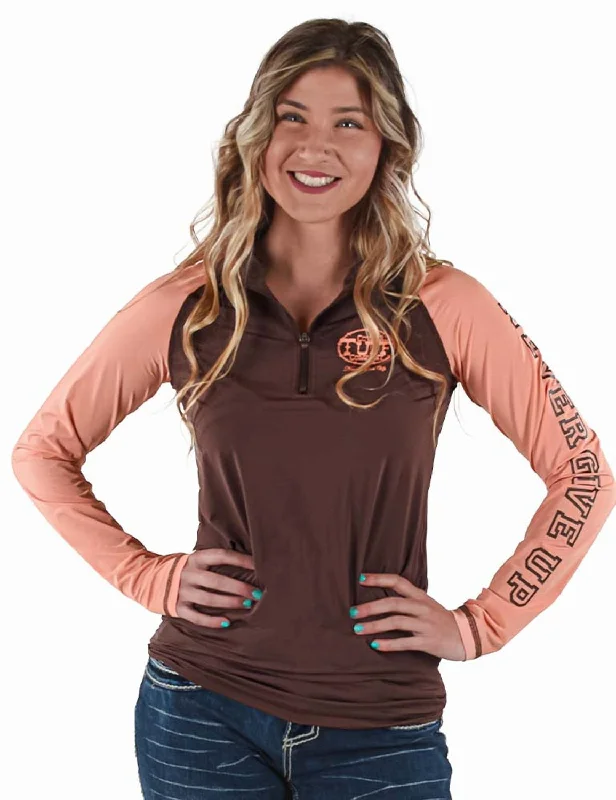 Cowgirl Tuff Womens UPF Quarter Zip Brown/Coral Nylon Softshell Jacket Print Jacket Jacquard Jacket Patchwork Jacket
