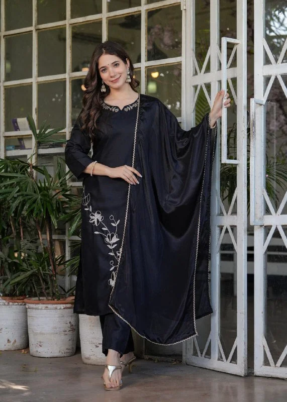 Women's Black Viscose Rayon Embroidery Straight Kurta With Pant And Dupatta Set - Aazuri Modern Skinny Pants