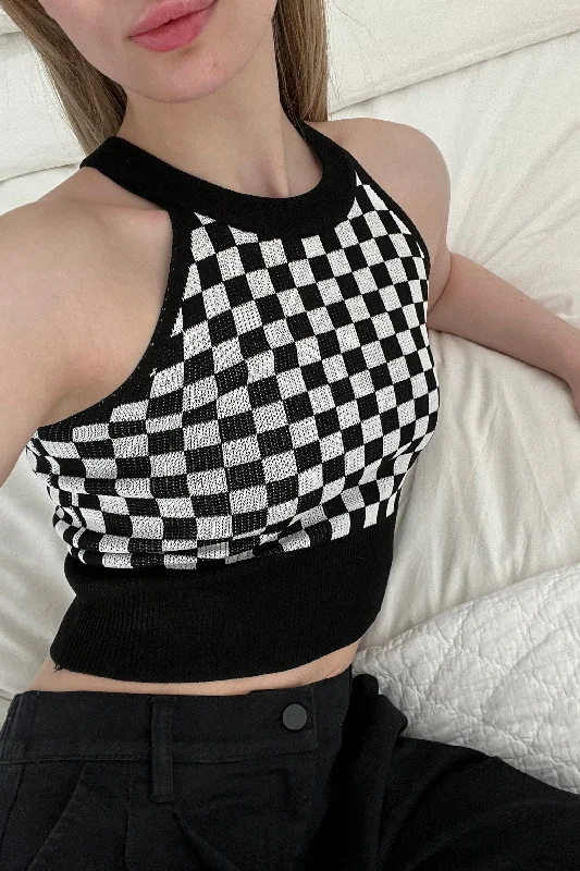 CHECKERED HALTER TANK floral tank top