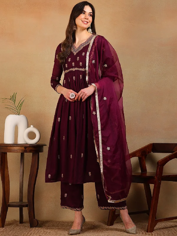 Women's Purple Silk Blend Embroidered A-Line Kurta Pant Set With Dupatta - Ahika Stylish Paperbag Waist Pants