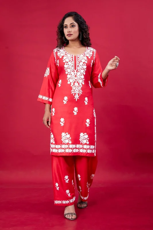 Women's Red Rayon Lucknowi Embroidery Kurta With Pant - Dwija Fashion Soft Cotton Pants Women's Red Rayon Lucknowi Embroidery Kurta With Pant - Dwija Fashion Soft Cotton Pants