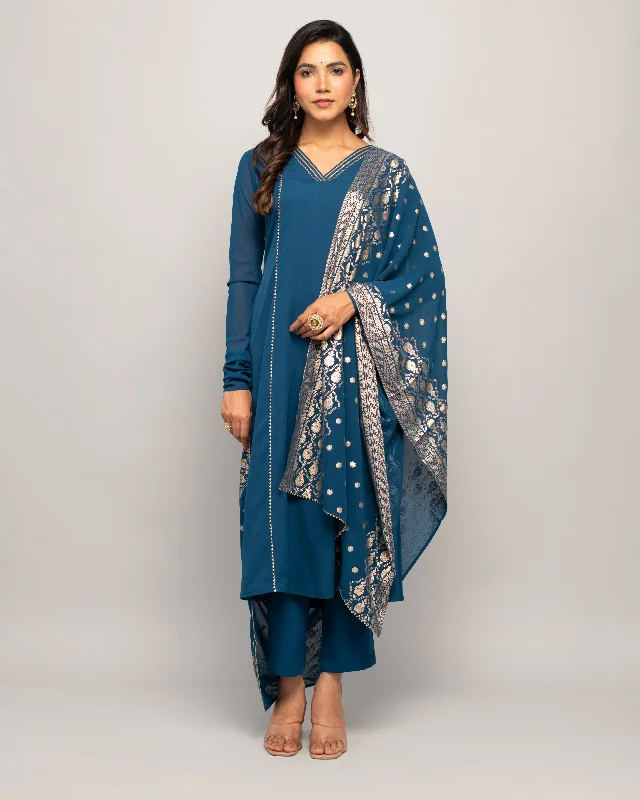 Women's Teal Blue Creap A-Line Kurta Pant With dupatta - Fiorra Trendy Printed Pants
