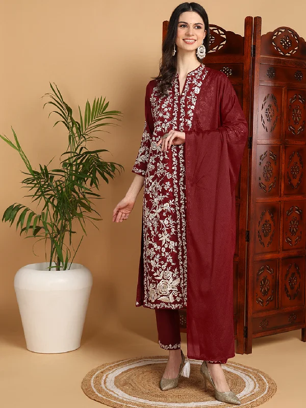 Women's Maroon Silk Blend Embroidered Straight Kurta Pant Set With Dupatta - Ahika Modern Stretch Trousers