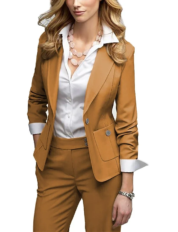 Women's Casual 2 Pieces Slim Fit Solid Color Peak Lapel Suit (Blazer+Pants) Sleek Black Pants