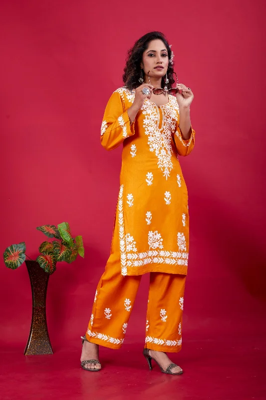 Women's Mustard Rayon Lucknowi Embroidery Kurta With Pant - Dwija Fashion Relaxed Fit Trousers Women's Mustard Rayon Lucknowi Embroidery Kurta With Pant - Dwija Fashion Relaxed Fit Trousers