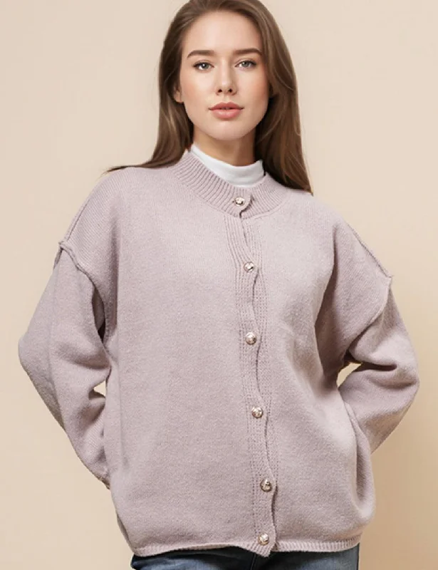 Ladies Mock Neck Sweater Golden Botton Cardigan SKT4933 Cable Knit Ribbed Knit Lace Knit