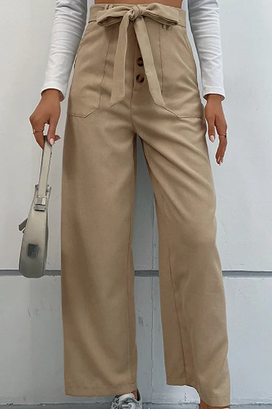 WOMEN STRAIGHT LEG FRONT TIED LONG CASUAL PANTS Fashionable Tapered Leg Pants