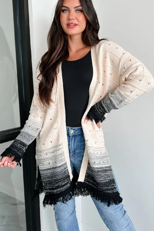 Autumn Weather Ombre Fringe Cardigan (Natural/Black) Elegant Classic Vintage