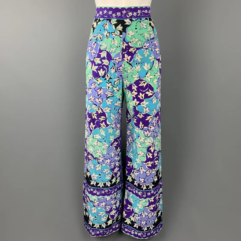 EMILIO PUCCI Vintage Size 12 Blue Floral Silk Wide Leg Pants Elegant Dress Pants