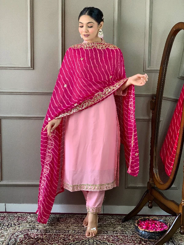 Women's Pink Viscose Silk Blend Embroidery Worked Kurta With Pant And Duppata Set - Dwija Fashion Elegant High-Waist Pants Women's Pink Viscose Silk Blend Embroidery Worked Kurta With Pant And Duppata Set - Dwija Fashion Elegant High-Waist Pants