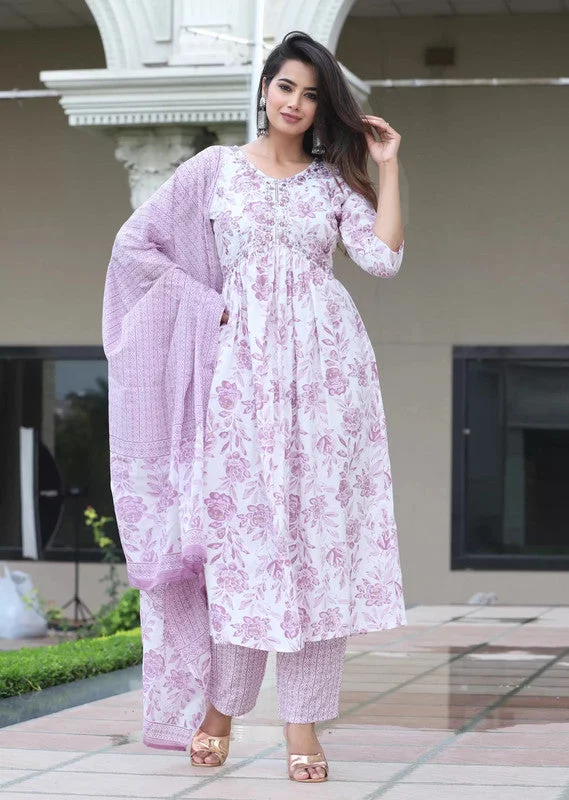 Women's White Viscose Printed Floral Kurta Pant With Dupatta - Malishka Export High-Waist Trousers